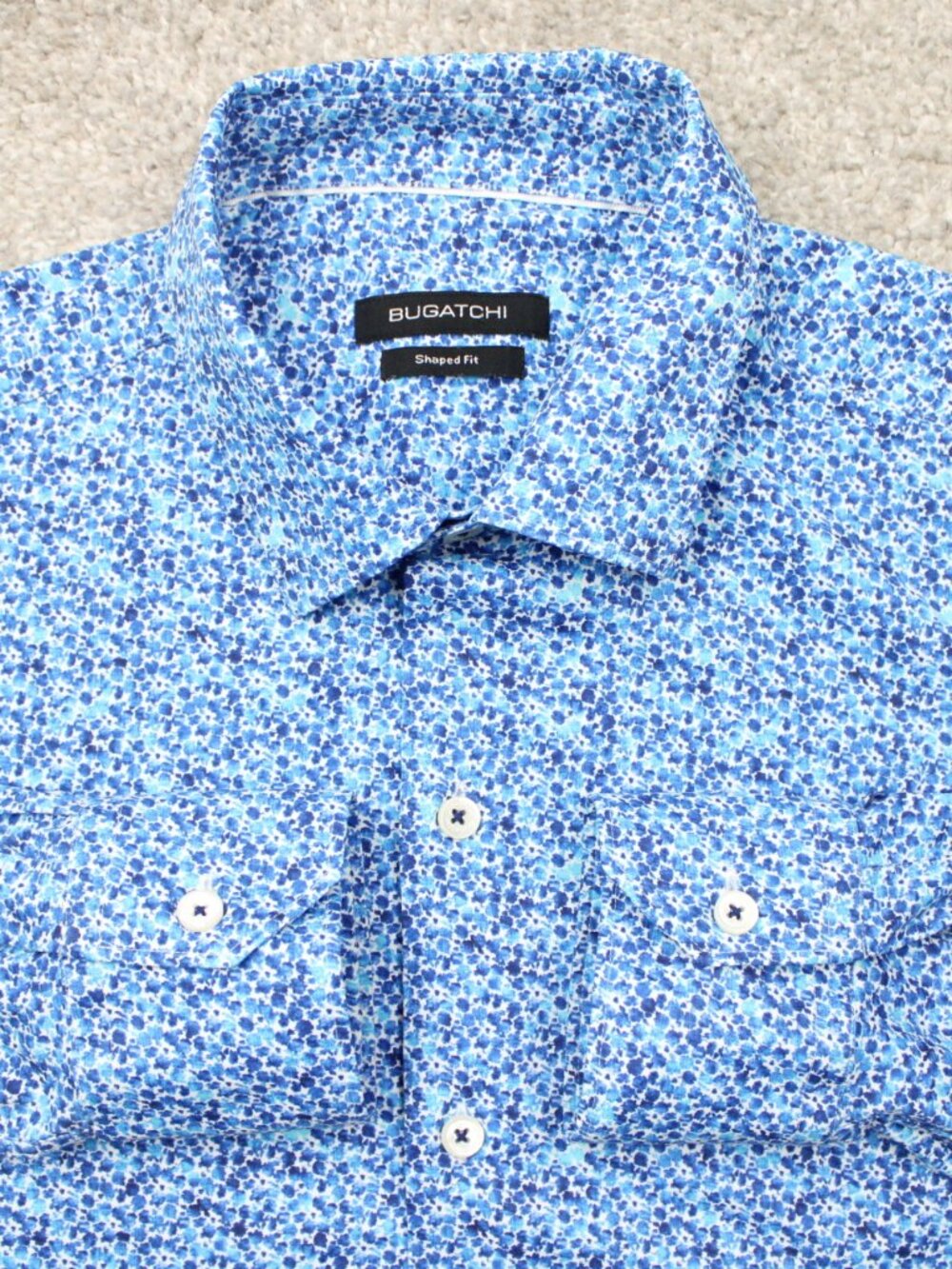 Bugatchi Shirt Mens Medium Blue Geometric Shaped Fit Nylon Stretch Long Sleeve